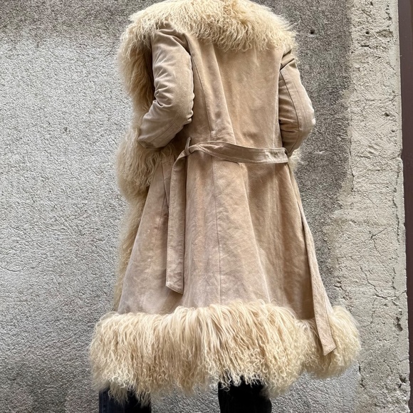 Vintage Charlotte Simone Style Mongolian Fur Afghan Coat Cream Leather S/M - Picture 4 of 5
